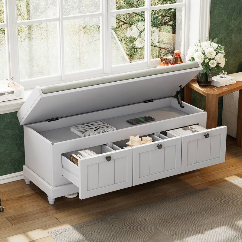 Classic Shoe Bench With Cushion And Three Drawers,Fluted Entryway Bench With Storage For Living Room, Entryway,And Hallways