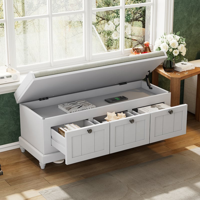 Storage Bench with Cushioned Seat & 3 Drawers, Wooden Entryway Storage Bench, Shoe Bench with Hidden Storage Space