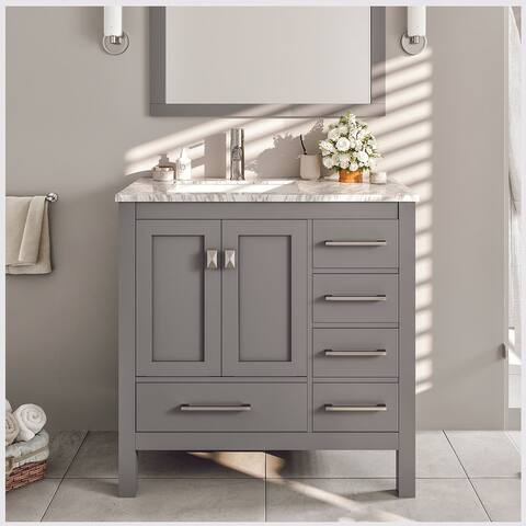 Eviva London 36 x 18 inch Gray Transitional Bathroom Vanity with White Carrara Marble Countertop and Undermount Porcelain Sink