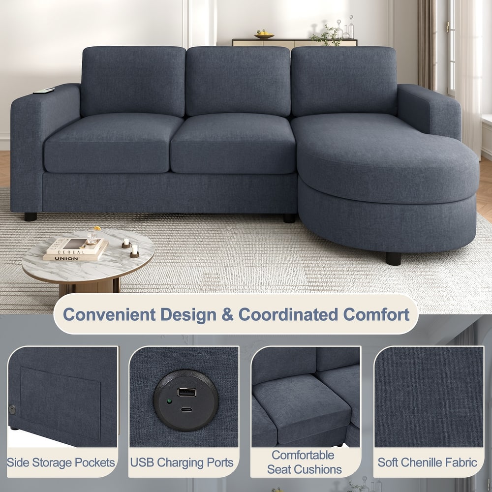 Living Room Chenille L-Shaped Sectional Sofa Set with Curved Chaise Lounge, USB Ports and Side Storage Pockets