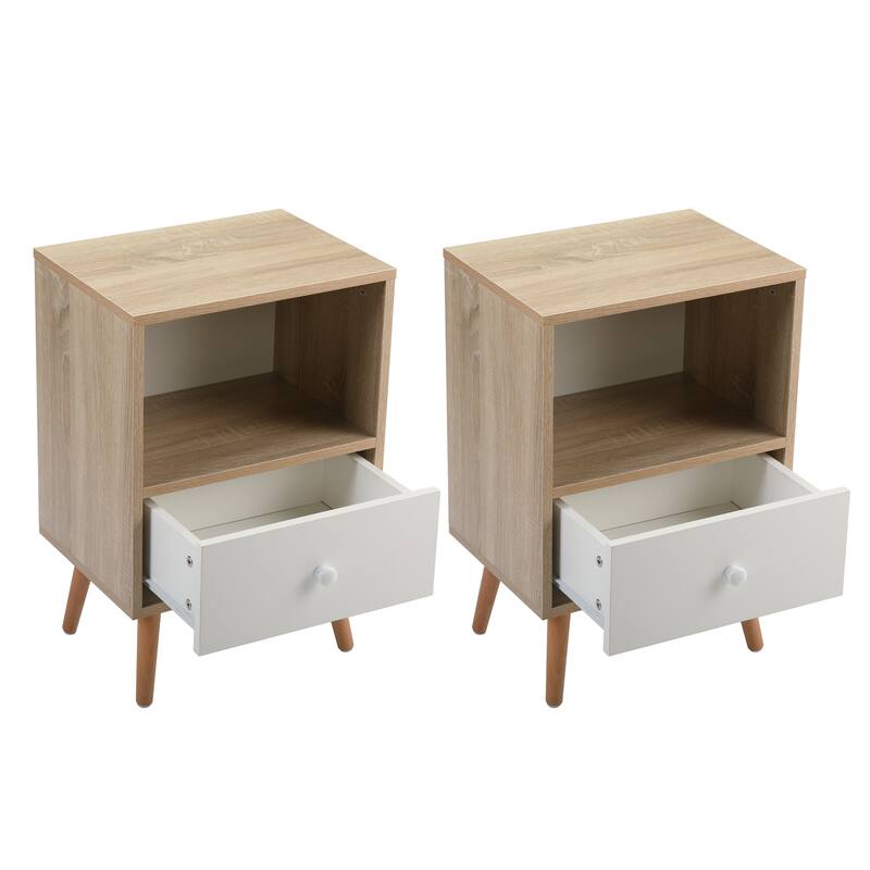 Wood Nightstand with Drawer and Shelf Set of 2