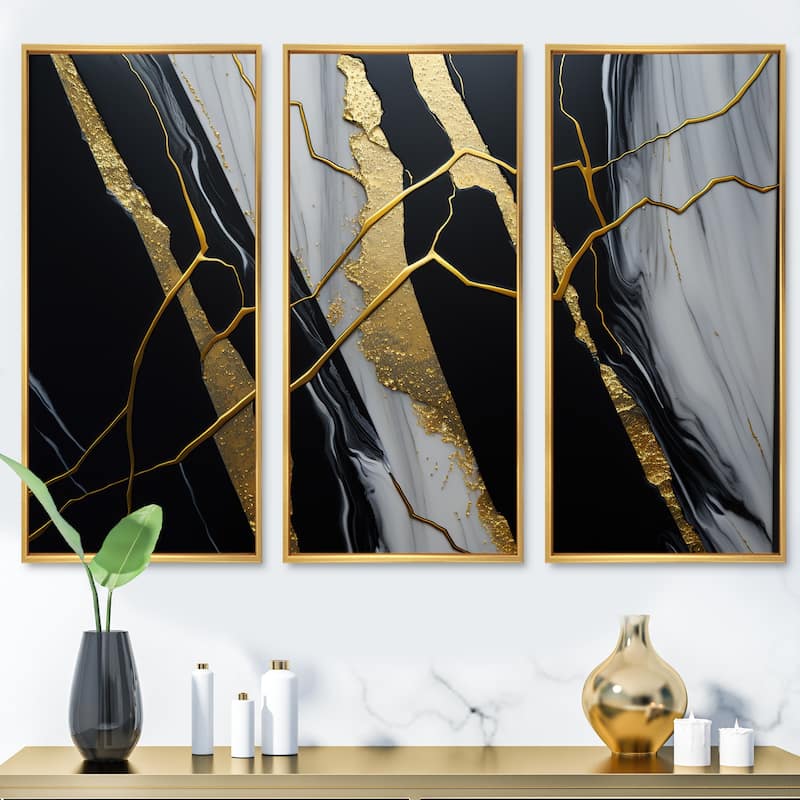 Designart "Abstract Geode Black II" Abstract Marble Framed Canvas Art Print - 3 Panels - 48 in. wide x 32 in. high - 3 Panels - Gold