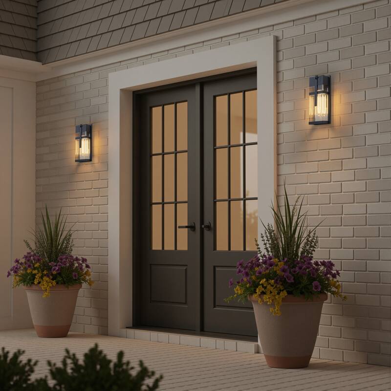 C Cattleya 2-Pack 14.5inch Matte Black Motion Sensor Outdoor Wall Lanterns with Clear Tempered Glass