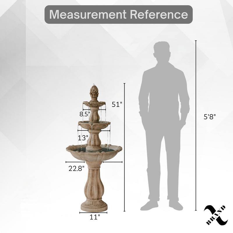 XBrand 3-Tier Water Fountain w/Pump & Pineapple Top, 51 Inch Tall, Large Outdoor Freestanding Waterfall Decor for Porch