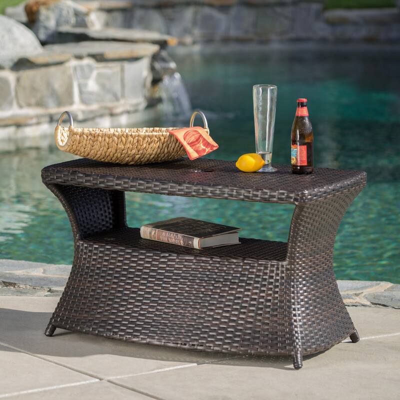 Roomfitters Berkeley Outdoor Wicker Chaise Lounge Side Table with Umbrella Holder and Serving Shelf