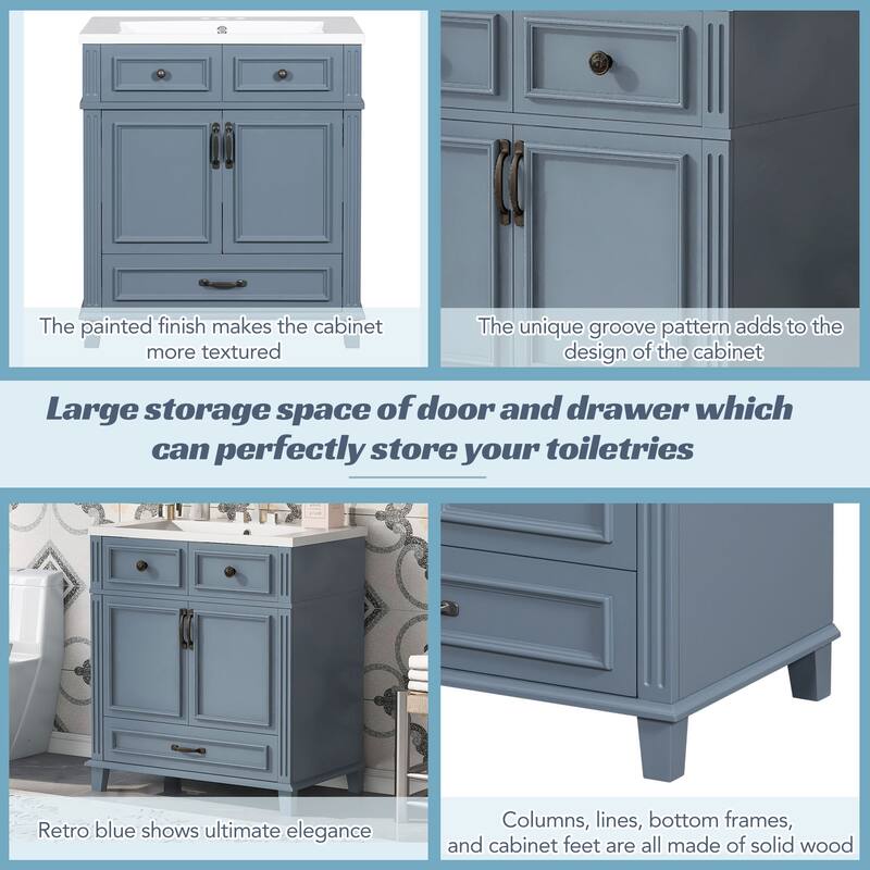 30'' Bathroom Vanity with Resin Sink,Solid Wood Frame Bathroom Storage Cabinet with 2 Soft Closing Doors and 1 Storage Drawer