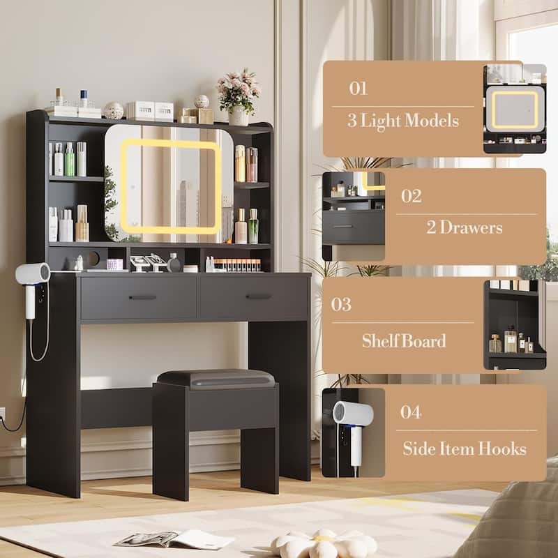 2 Drawer Vanity Desk Makeup Table with Charging Station, Storage Shelves