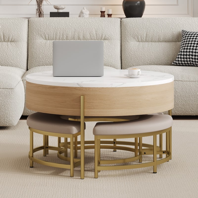 Round Coffee Table with Lift-Top & 3 Ottoman - Natural