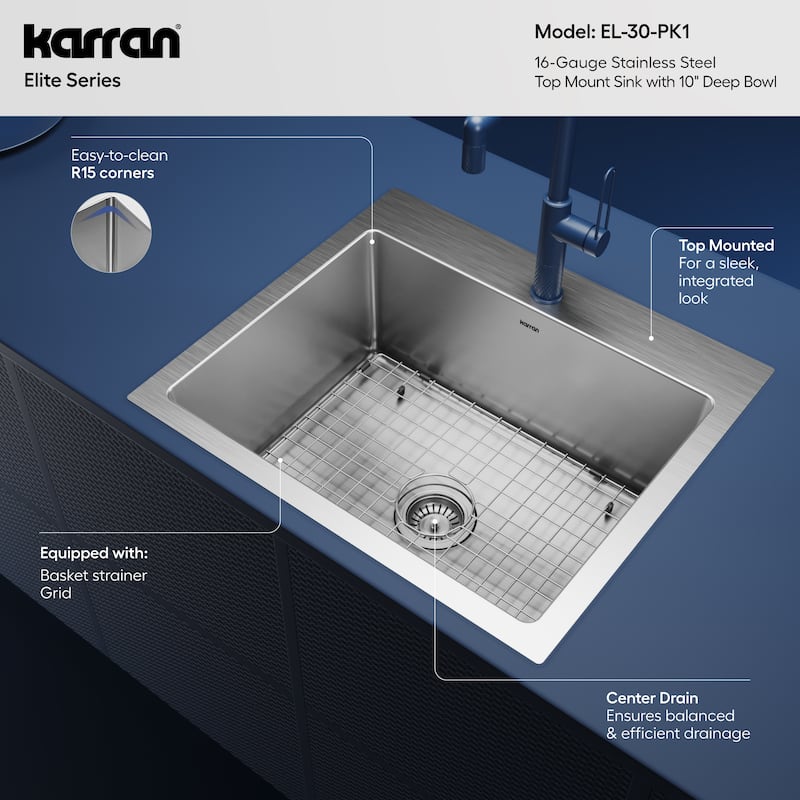 Karran Top Mount Stainless Steel 25 in. 16-Gauge Drop-In Single Bowl Kitchen Sink Kit