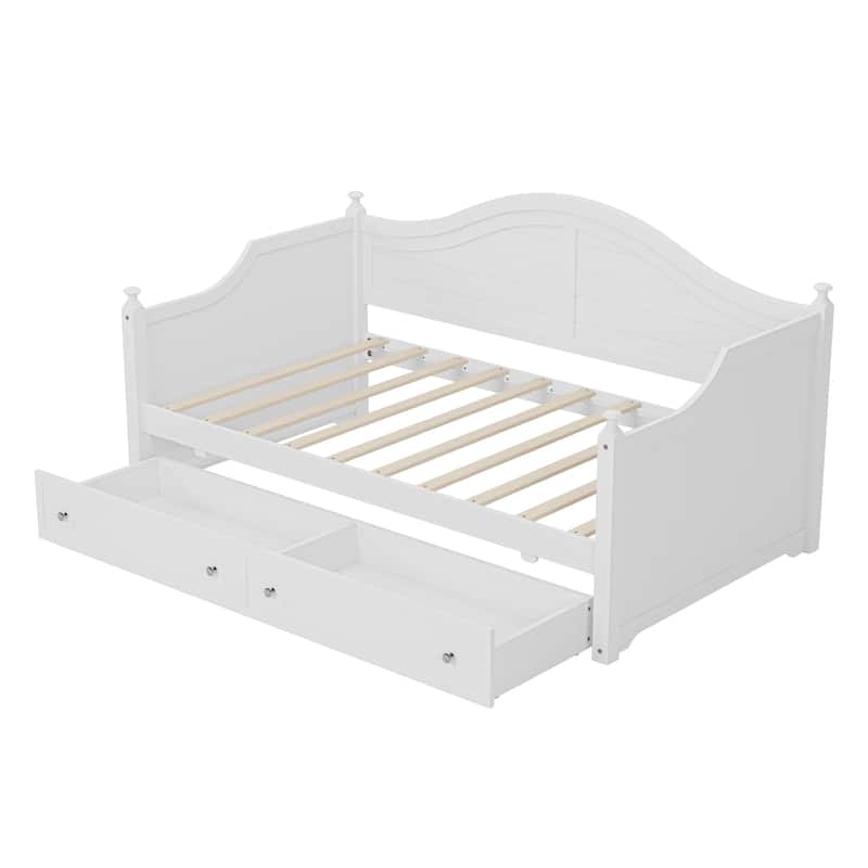 Twin Size Wood Daybed with 2 Storage Drawers ,Wooden Sofa Bed with Handrail for Living Room Bedroom, White