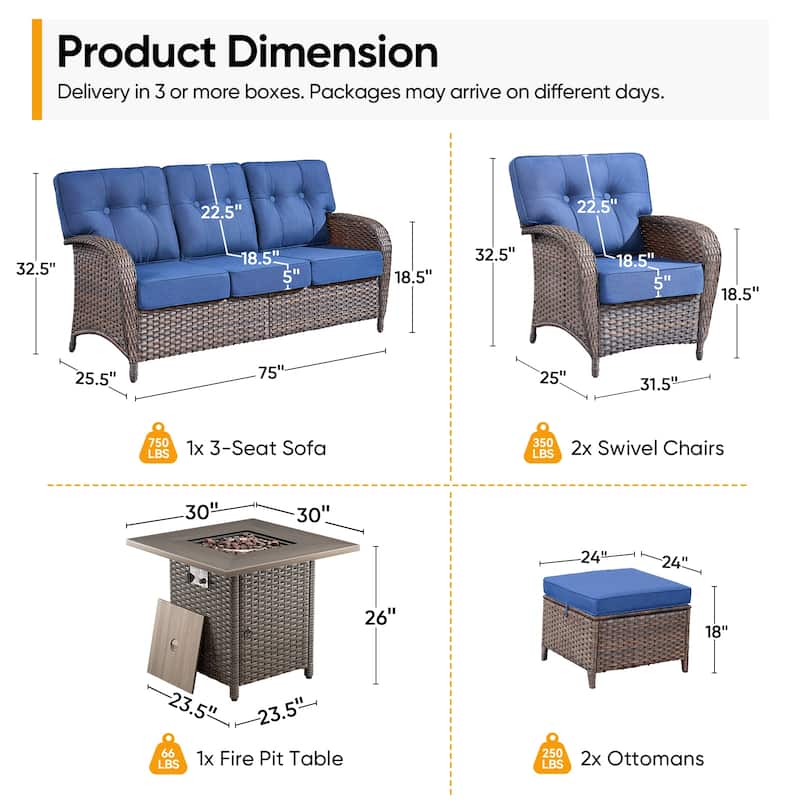 Pocassy Ooutdoor Fire Pit Table with Sofa Patio Chair Ottoman Set