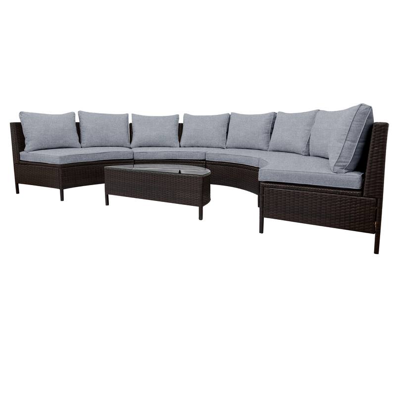 5-Piece All-Weather Brown PE Rattan Sectional Sofa Set - Outdoor Patio Half-Moon Wicker Furniture with Tempered Glass Table