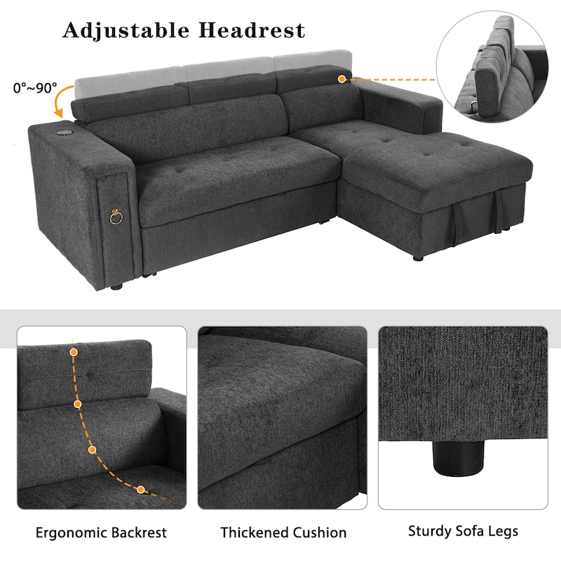 96" L-Shaped 3-Seat Sectional Sofa with Pull-Out Bed, Wireless Charging, and Hidden Storage with Cup Holders