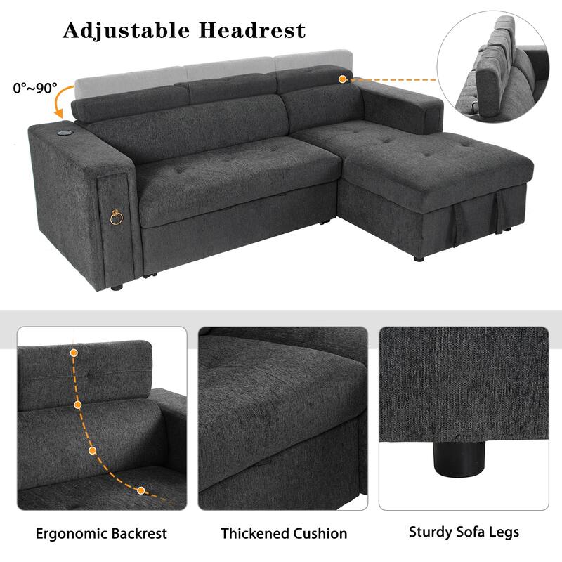 96" Multi-Functional Pull-Out Sofa Bed L-Shape Sectional Sofa with Adjustable Headrest, Wireless Charging, Cup Holders and Hidde