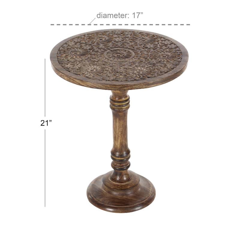 Mango Wood Elephant Handmade Intricately Carved Accent Table with Turned Base - Dark Brown - Roche River Decor