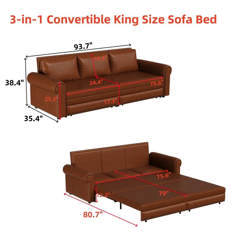 3-in-1 King Pull Out Sofa Bed Chesterfield Sofa, Velvet/Faux Leather Convertible Sleeper Sofa with Nailhead Trim & Rolled Arm