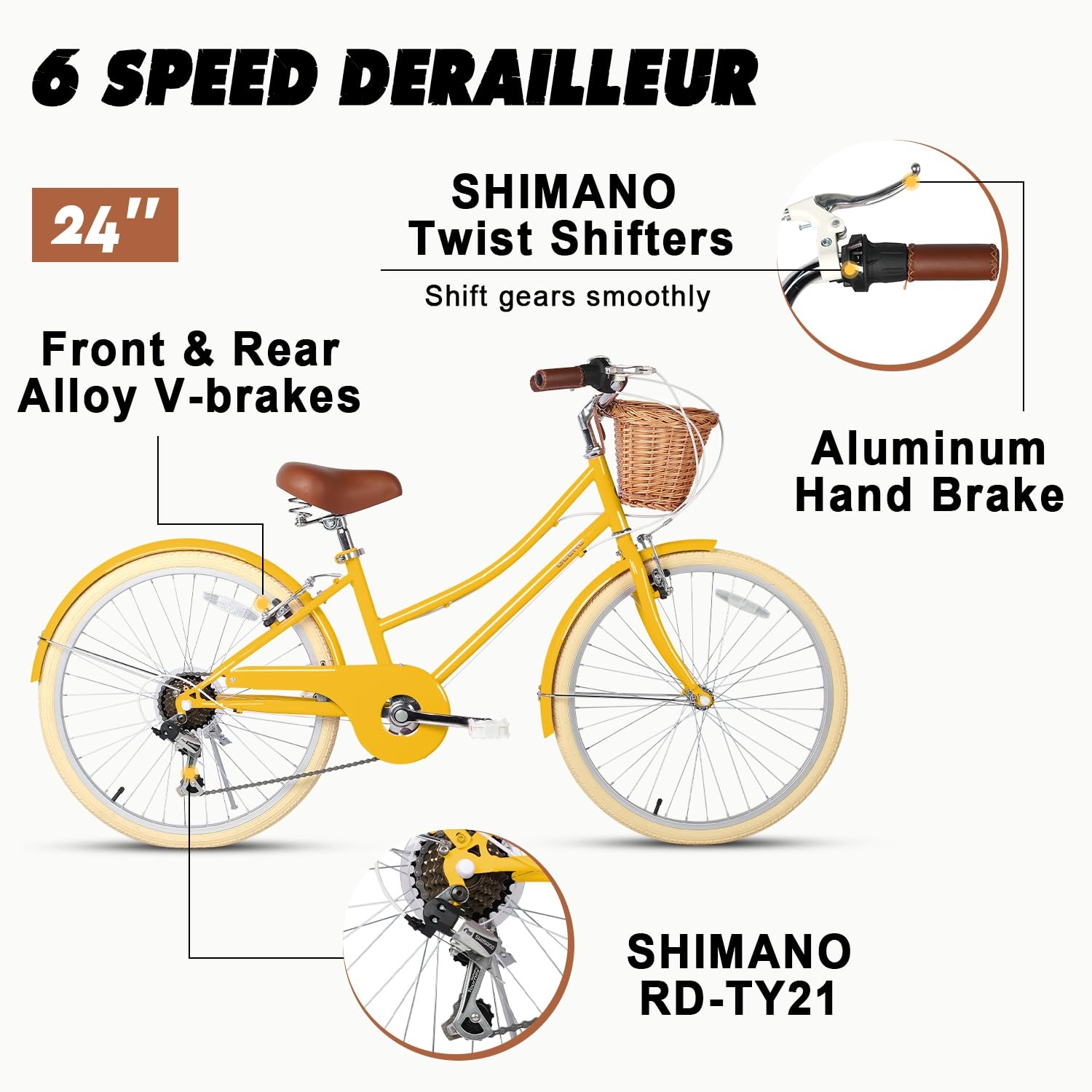 20 24 26 inch Girl Cruiser Shimano 6 Speed Hybrid City Bicycle for Youth Over 6 Years Old with Wicker Basket Yellow