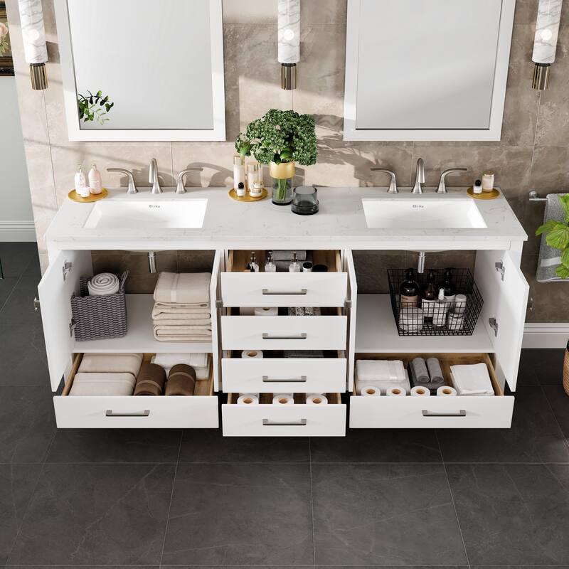 Eviva Aberdeen 78"W x 22"D White Double Sink Vanity with White Carrara Quartz Vanity Top and Rectangular Undermount Sinks