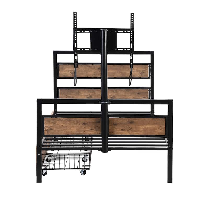 Metal Platform Bed with MDF Headboard and Footboard,Two Storage Drawers and Rotatable TV Stand