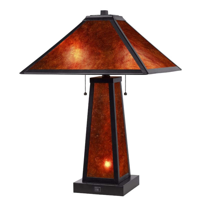 24" Contemporary 2-Light Metal Table Lamp with Amber Mica Shade and E26 Socket for Bedroom or Office - 23.5" H x 16" W x 16" D
