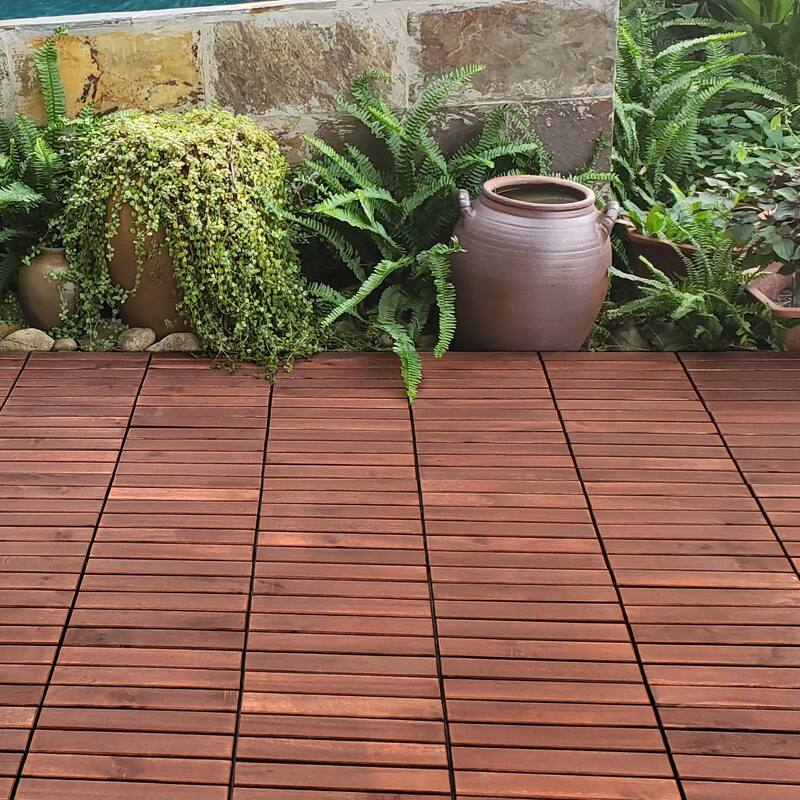 10 PCS Interlocking Deck Tiles Striped Pattern, 12" x 12" Square Acacia Hardwood Outdoor Flooring for Patio,Bancony,Pool Side