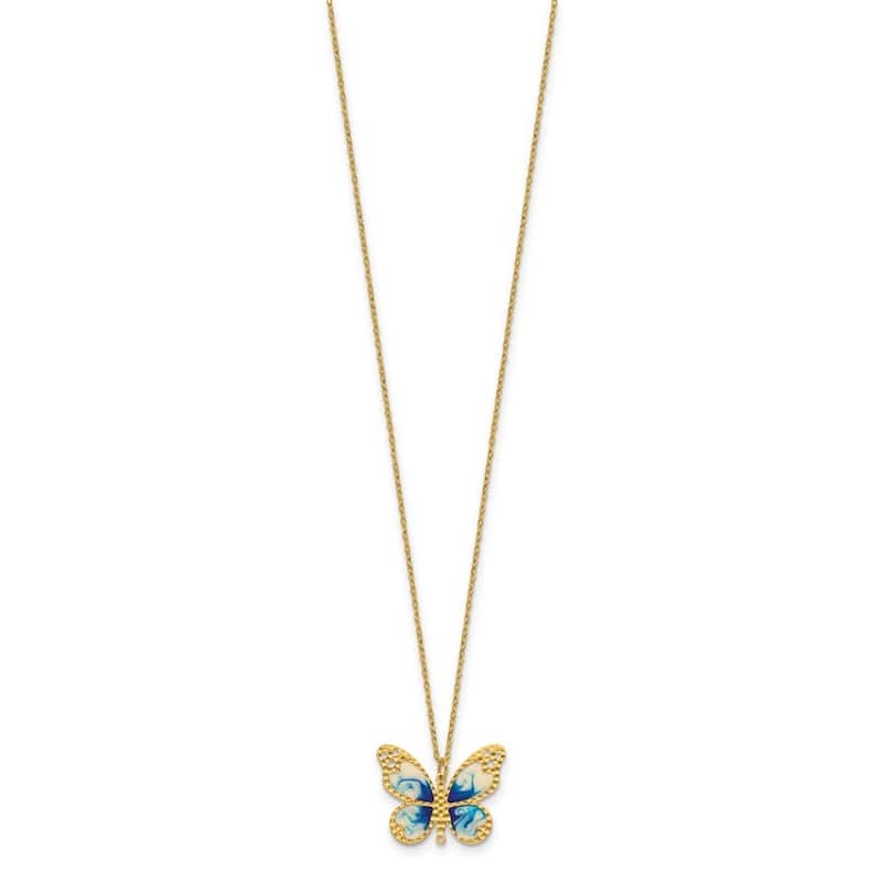 Curata 14k Yellow Gold 18" Italian Blue Enamel Textured Butterfly Necklace - 22mm