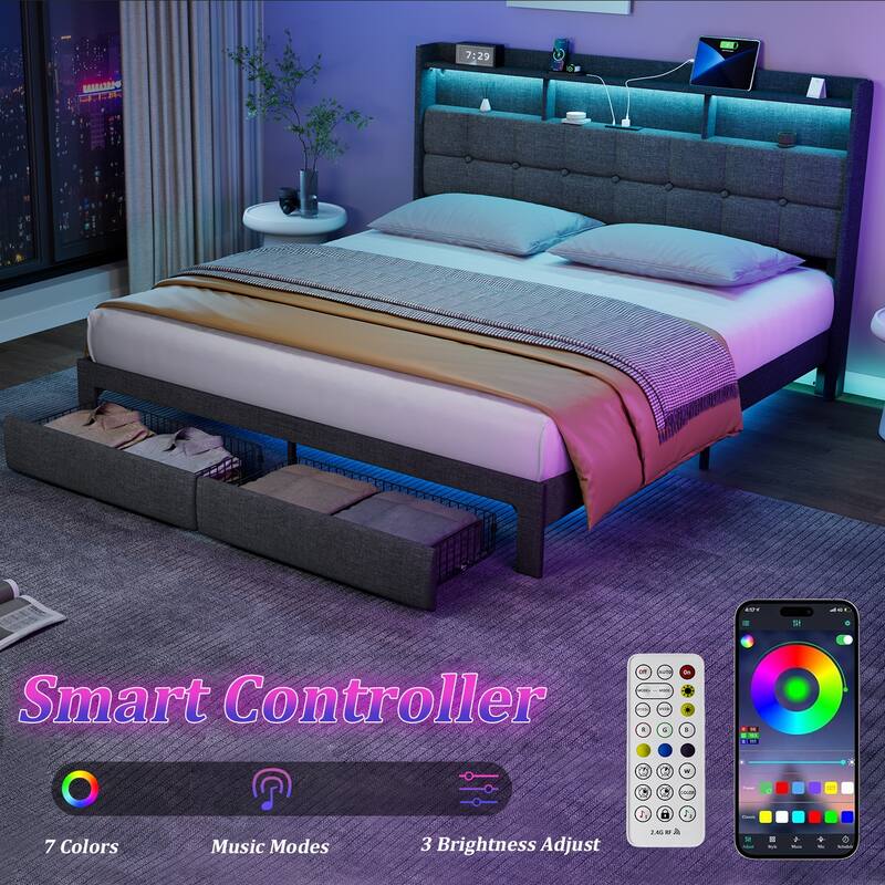 King Size Upholstered Platform Bed with LED Lights, Charging Station & Storage Headboard, No Box Spring Needed