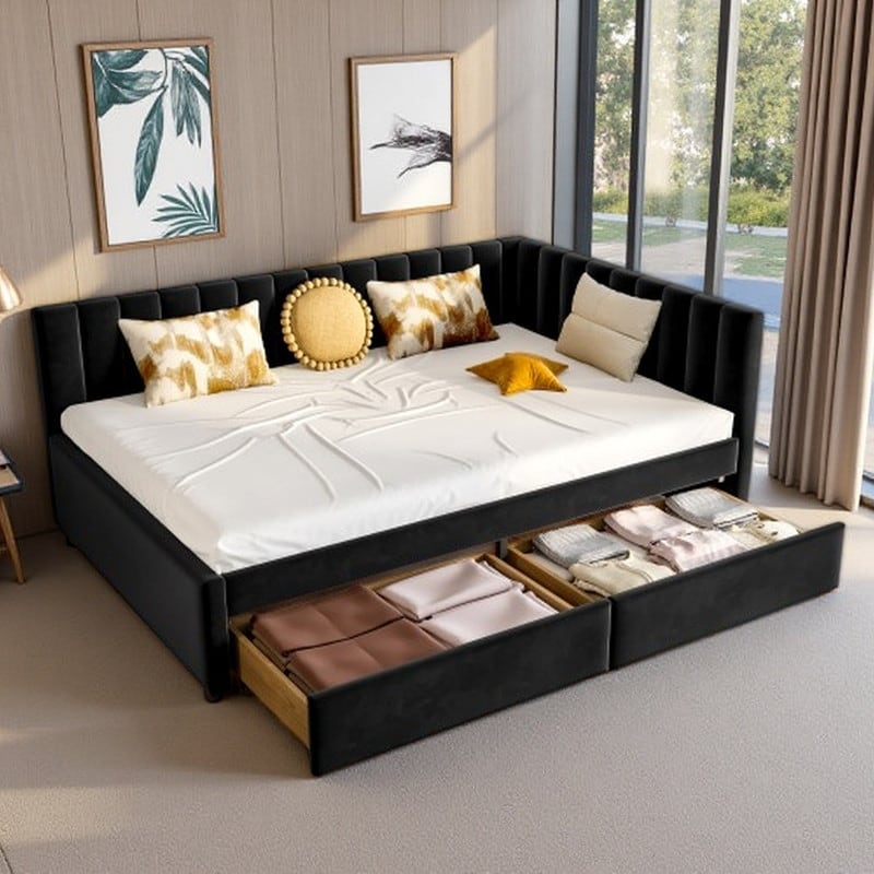 Full Size Corner Daybed with Storage Drawers, Upholstered Velvet L-Shaped Bed Frame Design