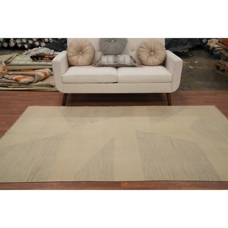 Hand Woven Oriental 100% Wool Carpet Southwestern Modern Beige & Ivories Kilim Area Rug - 8' 1'' X 5' 0''