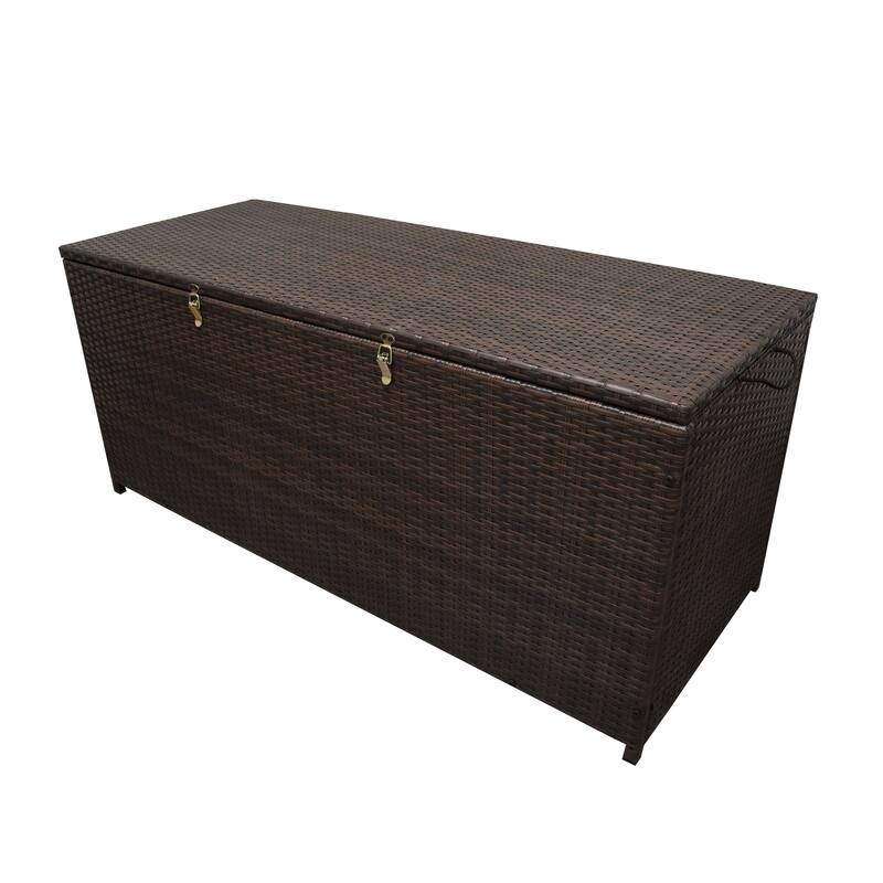 Indoor and Outdoor Balcony Patio Deck Porch Pool 113 Gallon Wicker Storage Box Trunk Bin with Metal Frame