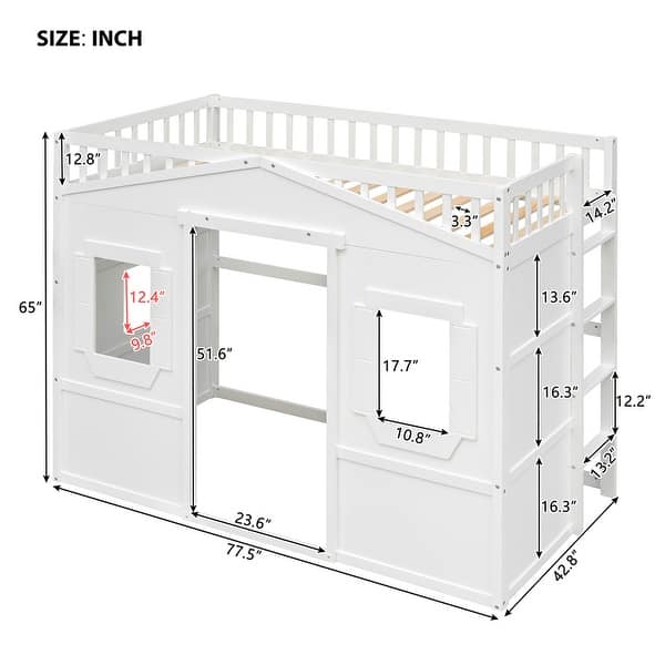 dimension image slide 1 of 8, Solid Wood House Loft Bed with Window Design and Ladder, Twin/Full Size Playhouse Bed Loft Bed Frame with Guardrail for Kids