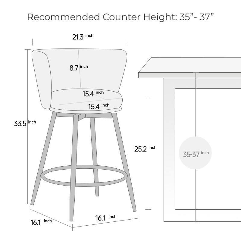 Modern Counter Height Bar Stools Set of 2 with Velvet Upholstery, 360° Swivel and Metal Base
