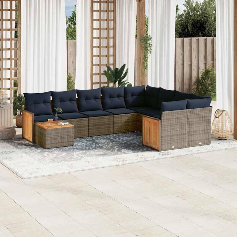 vidaXL 10 Piece Patio Sofa Set with Cushions Gray Poly Rattan - 112.7x27.2x91.0