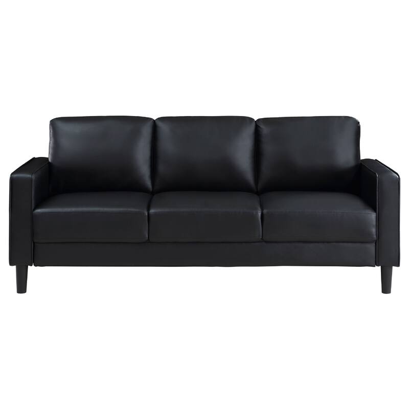 Rumi 2pc Sofa and Loveseat Set, Modern Track Arms, Black Faux Leather