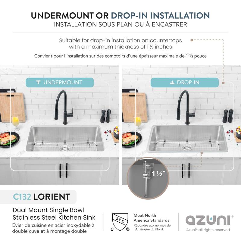 AZUNI Dual Mount 32" Single-Bowl Stainless Steel Kitchen Sink C132 - 32" x 18" x 9"