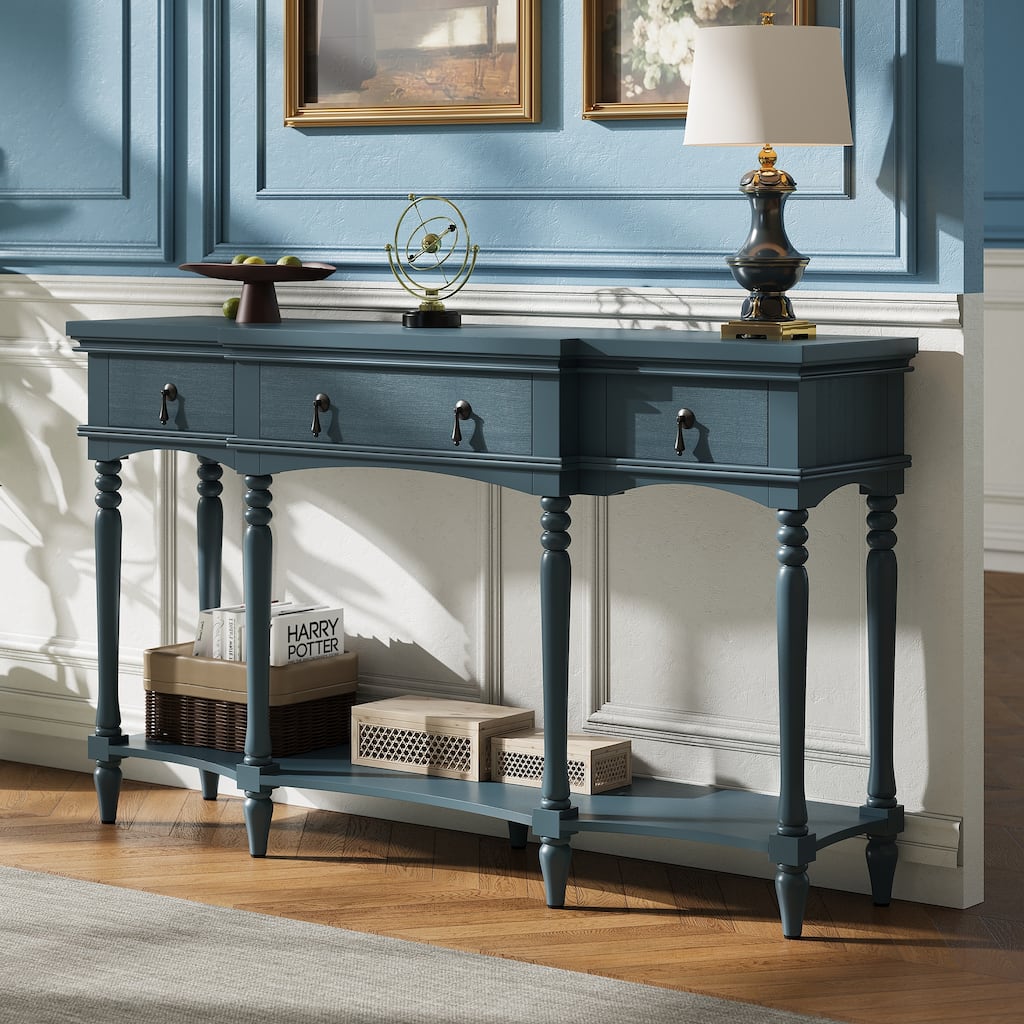 Christopher Knight Home - Traditional Wooden Console Table with 3 Soft-Close Drawers, Turned Roman Legs & Copper Handles