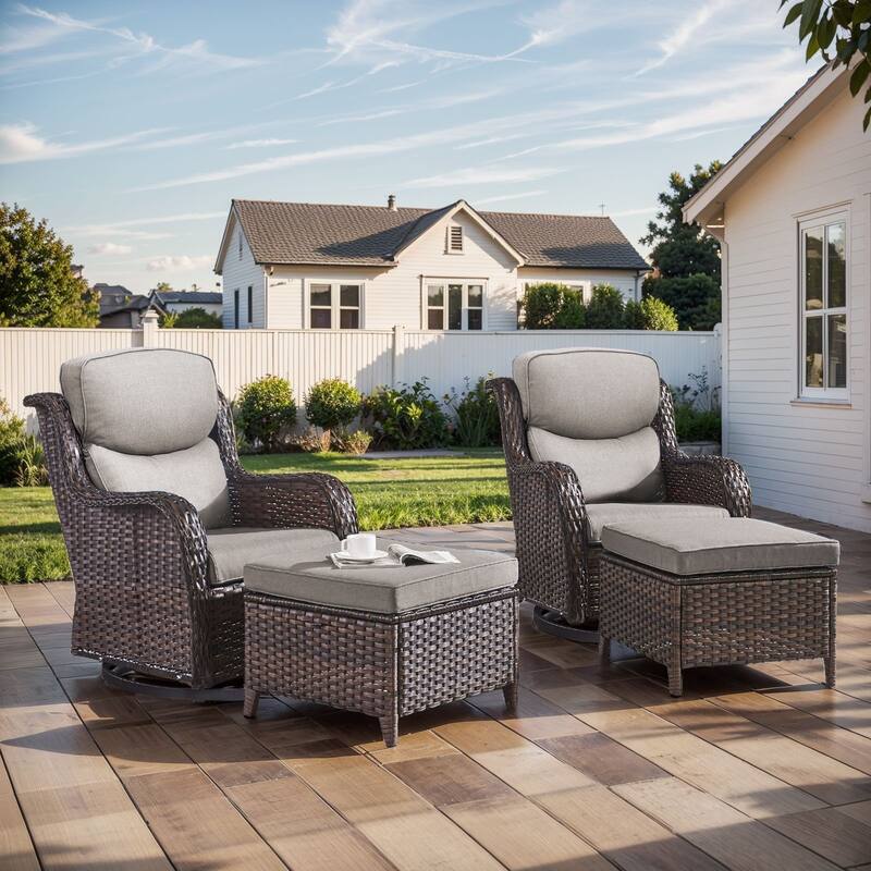 Outdoor Gliders Chairs Swivel Chair Set with 5-Inch Thick Cushions - Brown Rattan - Grey Cushion - 4PCS Swivel Chairs with Ottoman