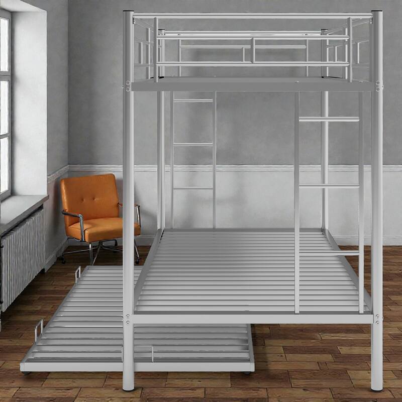 Twin over Twin Metal Bunk Bed with Trundle, Space Saving Bunk Bed with Ladder and Guardrails