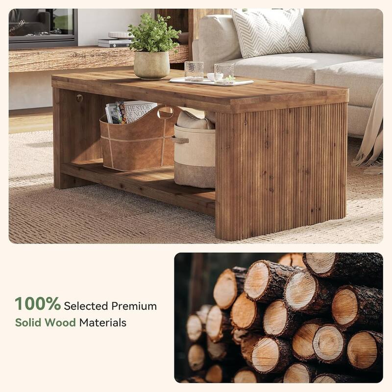 2-Tier Solid Wood Coffee Table for Living Room, 47.24" Rectangle Accent Center Tea Table with Storage