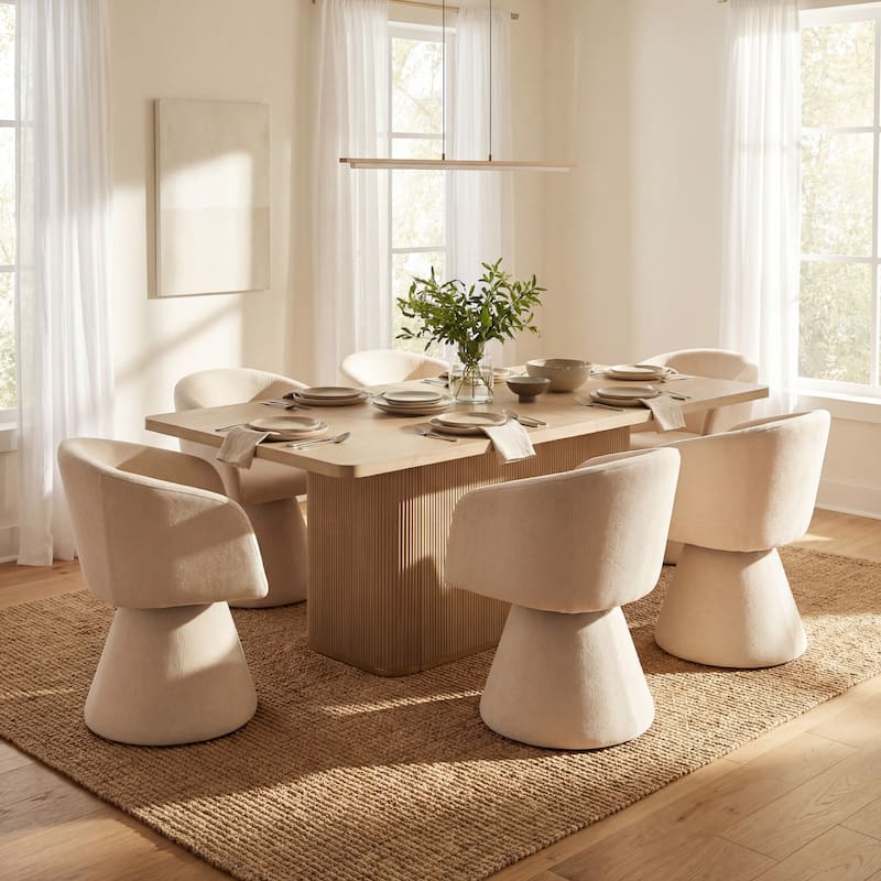 Christopher Knight Home - Melville 7-Piece Upholstered Swivel Dining Set with 84" Rectangular Pillar Base Dining Table - Light Ash+Oatmeal