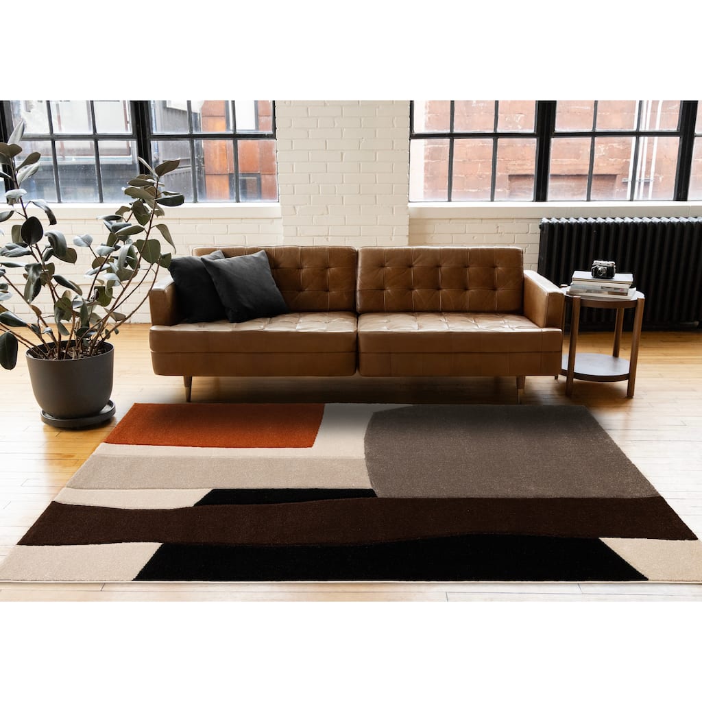 Orange Brown White Grey Geometric Living Room Statement Rug