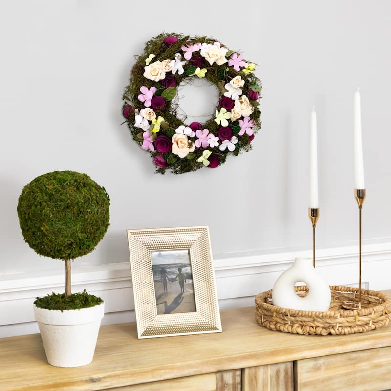 Purple Green Floral, Berries Twig Artificial Spring Floral Wreath, 14"
