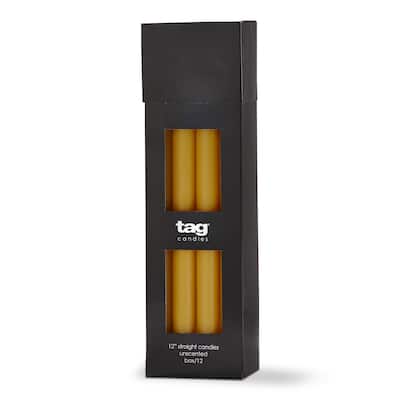 Color Studio 12" Straight Taper Unscented Smokeless Paraffin Wax Candle Ochre Yellow, Burn Time 12 hrs. Set 12