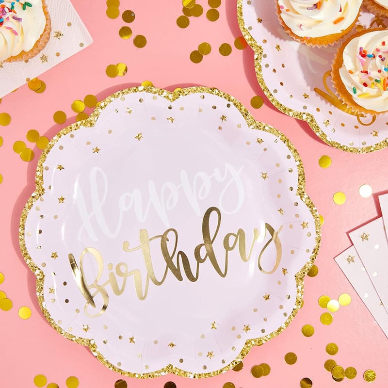 Pink Happy Birthday Party Plates with Gold Glitter Edges (9 In, 48 Pack ...