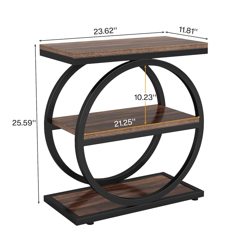23.62 Inches Brown Wooden End Table with Geometric Base for Living Room, Industrial Nightstand for Bedroom
