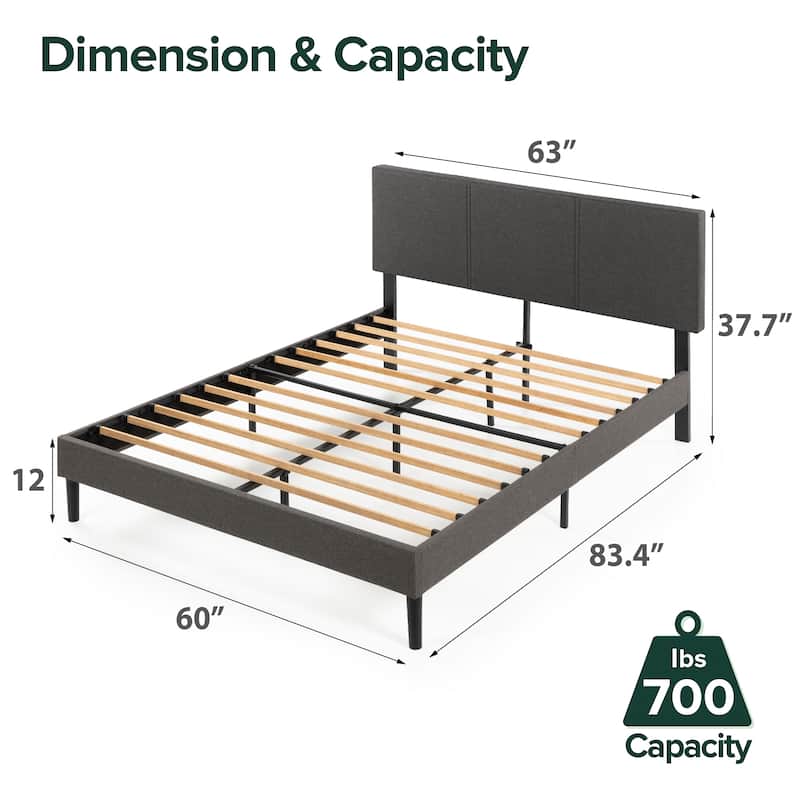 Priage by ZINUS Grey Upholstered Platform Bed Frame with Sustainable Bamboo Slats - Queen