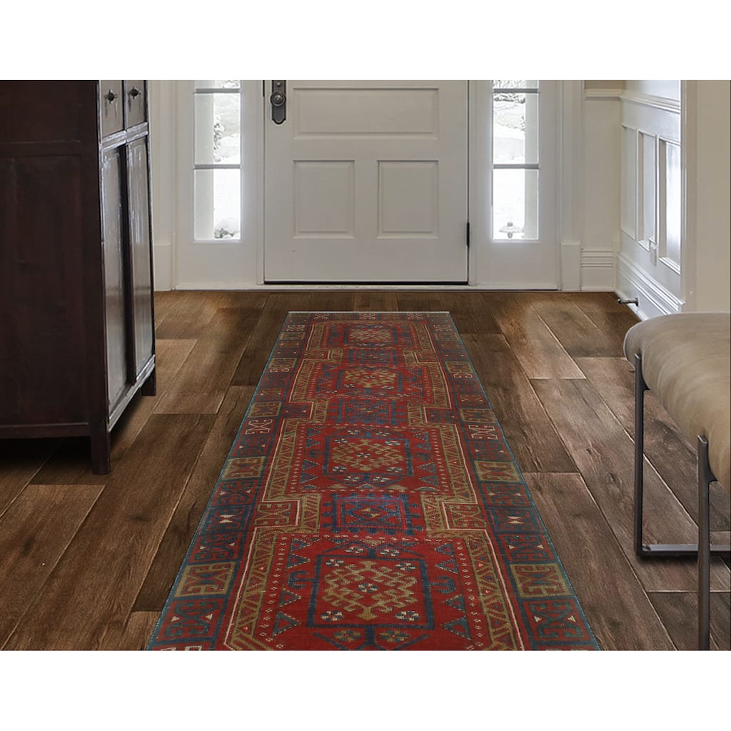 Fine Vintage Distressed Clarke Red/Navy Runner - 3'2" x 10'4"