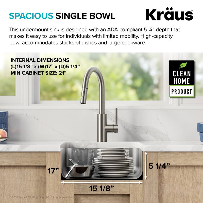 Kraus Dex 17" Undermount Single Basin 16 Gauge Stainless Steel Kitchen