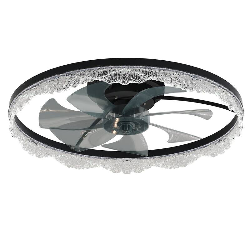 Acrylic Crystal Ring Ceiling Fan with Dimmable Light & Remote Control, Modern Flush Mount Ceiling Light with Fan for Bedroom