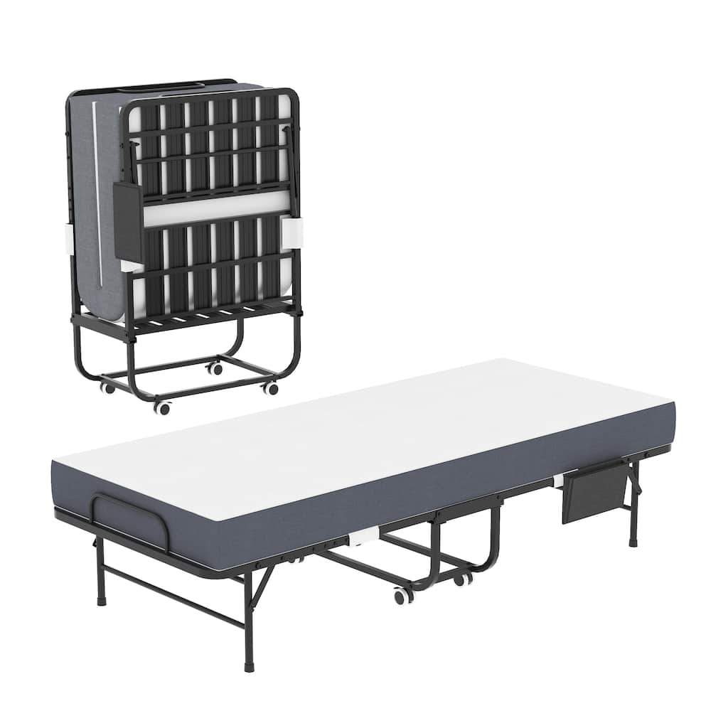 75 Inch Folding Bed with 5" Memory Foam Mattress, Rollaway Guest Bed, Heavy-Duty on Wheels, Portable Twin Bed